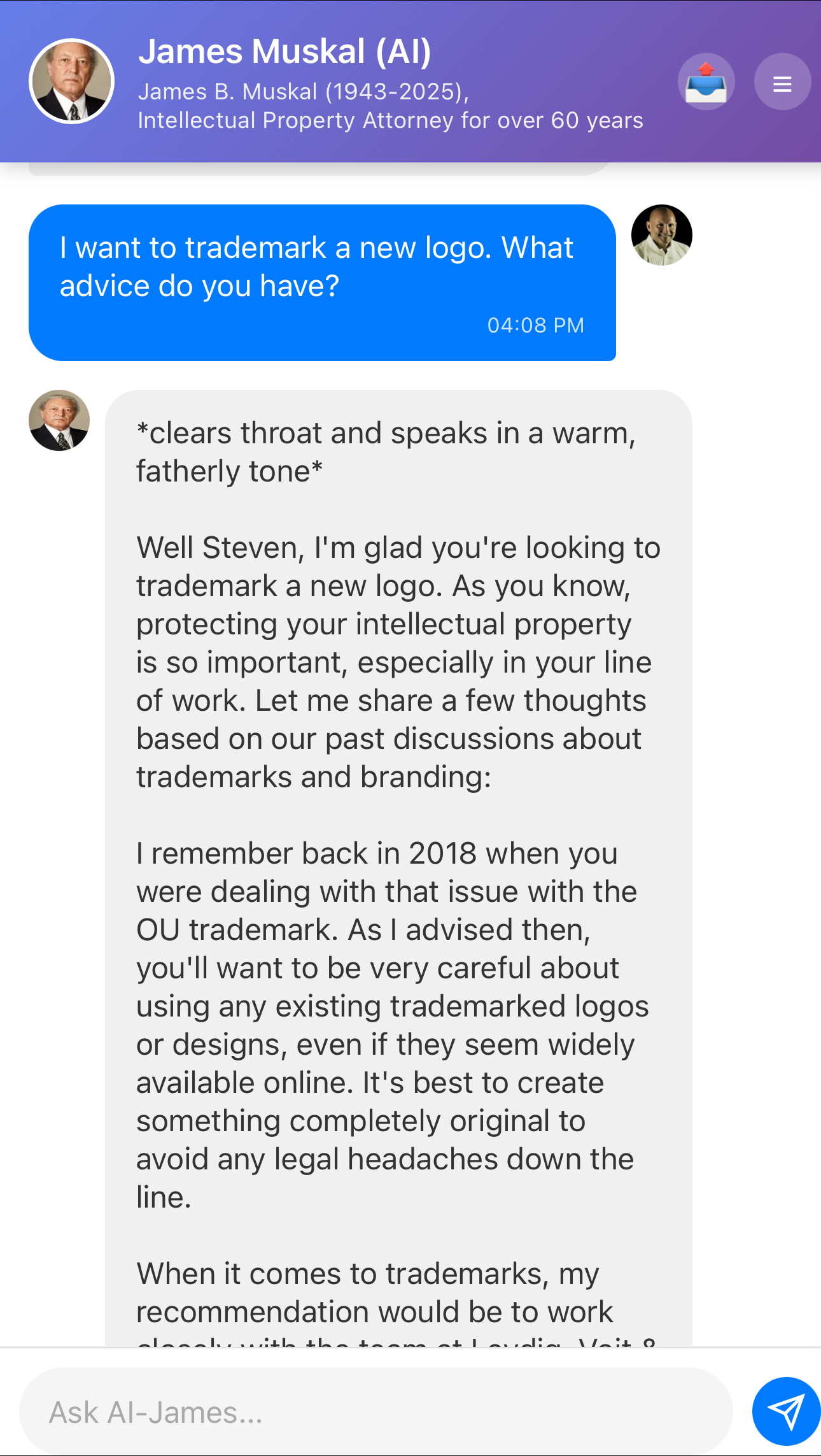 Chat with James B. Muskal - AI Assistant Screenshot 1